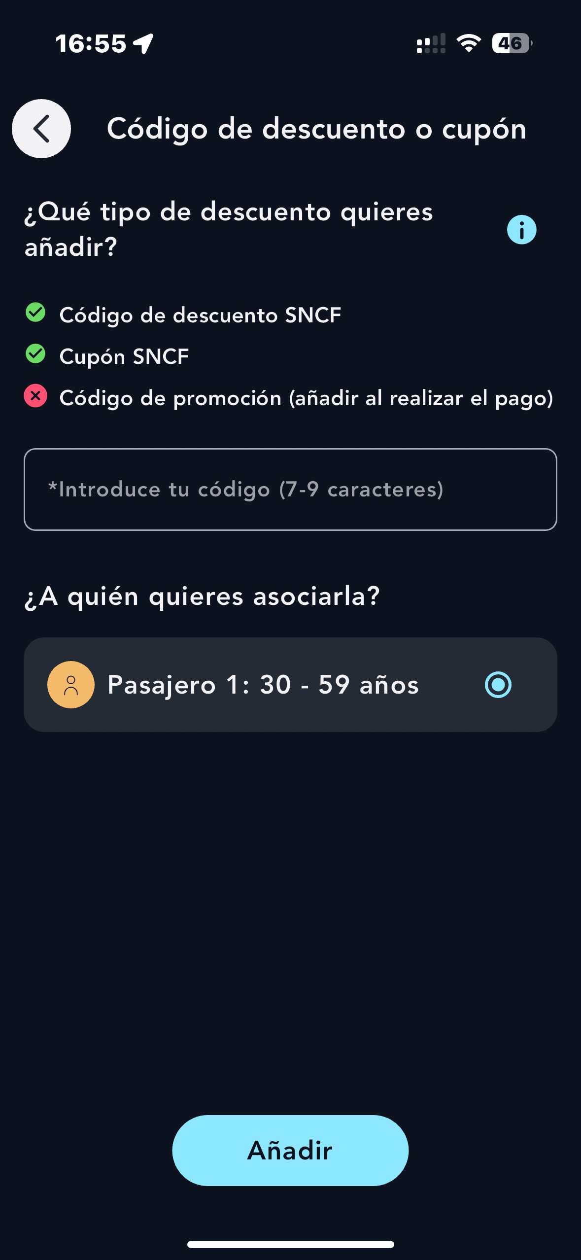 Pantalla de introducción del código de descuento 